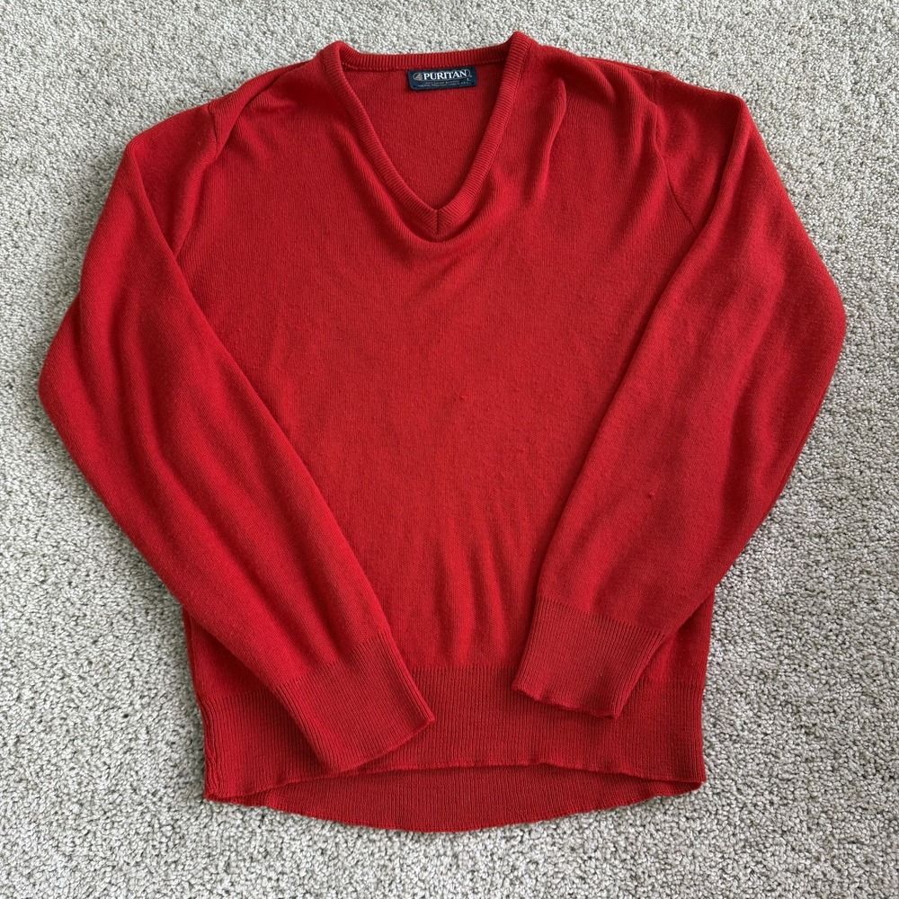 Vintage Puritan Sweater Mens Large Red Tight Knit V Neck Pullover Acrylic USA